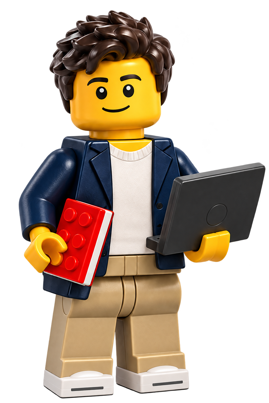 LEGO-inspired minifigure holding a tablet and red notebook